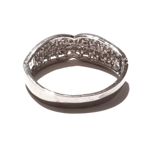 Hinged Silver Tone Clear Rhinestone Ornate Bangle Bracelet - Picture 4 of 5